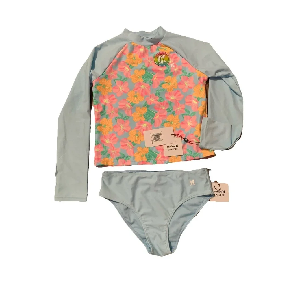 Hurley‎ Girls' 12 Long Sleeve Rash Guard Shirt 2-Piece Swimsuit 487775-BIC Blue